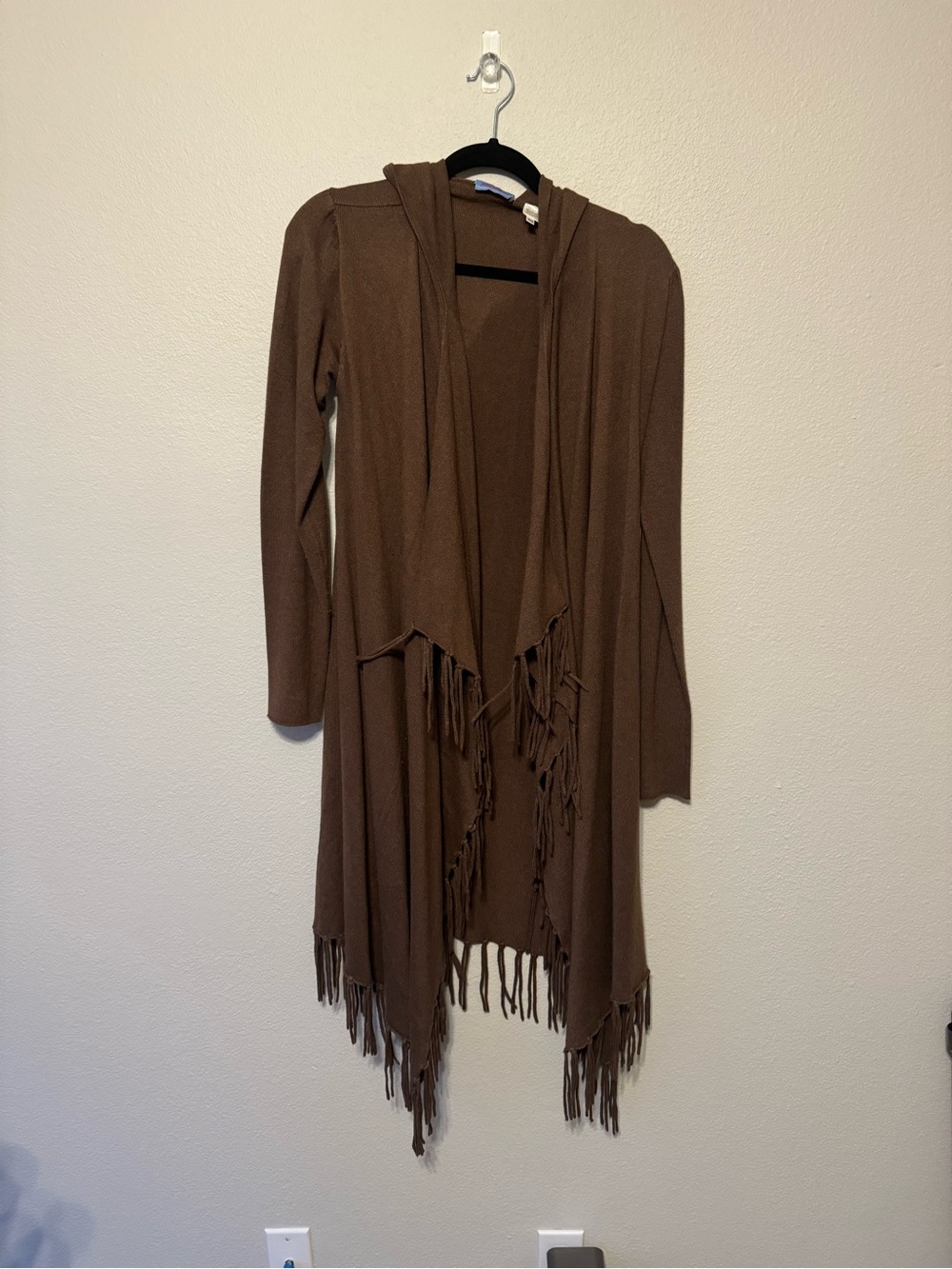 Acrobat Brown Hooded Fringe Open-Front Cardigan
